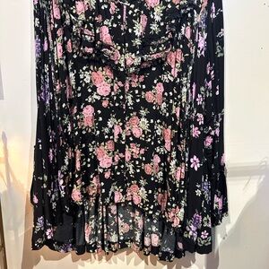 Black Floral Ruffle top with Pink & Purple Roses